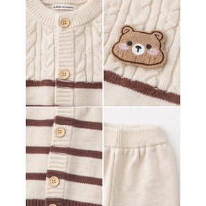 2 Pcs Cream with Brown Stripes Winter Knit Cardigan & Pants for Infants - 0 - 3 Months Winter Wear