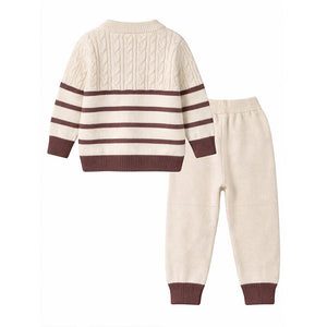 2 Pcs Cream with Brown Stripes Winter Knit Cardigan & Pants for Infants - 0 - 3 Months Winter Wear