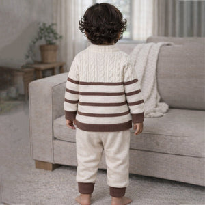 2 Pcs Cream with Brown Stripes Winter Knit Cardigan & Pants for Infants - 0 - 3 Months Winter Wear