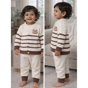 2 Pcs Cream with Brown Stripes Winter Knit Cardigan & Pants for Infants - 0 - 3 Months Winter Wear