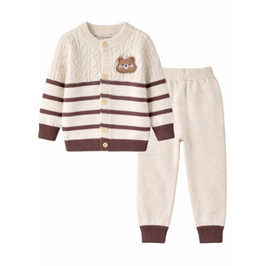 2 Pcs Cream with Brown Stripes Winter Knit Cardigan & Pants for Infants - 0 - 3 Months Winter Wear