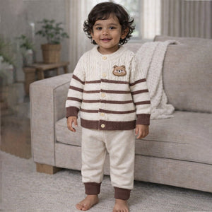 2 Pcs Cream with Brown Stripes Winter Knit Cardigan & Pants for Infants - 0 - 3 Months Winter Wear