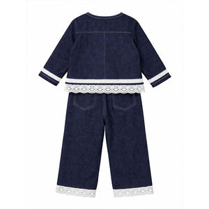 2 Pcs Denim Embroidered Jacket with Wide Leg Pants Co - ord sets - 5 - 6 Years Winter Wear