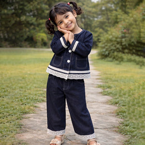 2 Pcs Denim Embroidered Jacket with Wide Leg Pants Co - ord sets - 5 - 6 Years Winter Wear