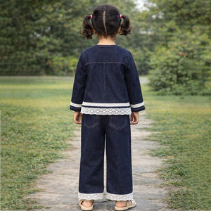 2 Pcs Denim Embroidered Jacket with Wide Leg Pants Co - ord sets - 5 - 6 Years Winter Wear