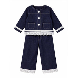 2 Pcs Denim Embroidered Jacket with Wide Leg Pants Co - ord sets - 5 - 6 Years Winter Wear