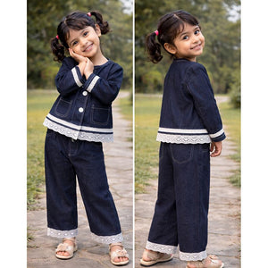 2 Pcs Denim Embroidered Jacket with Wide Leg Pants Co - ord sets - 5 - 6 Years Winter Wear