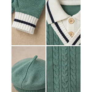 2 Pcs Green vest style Winter Knit Cardigan & Pants with Beret Cap for Infants - 0 - 3 Months Winter Wear