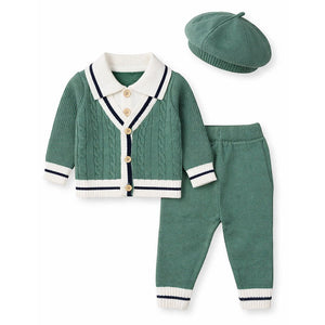 2 Pcs Green vest style Winter Knit Cardigan & Pants with Beret Cap for Infants - 0 - 3 Months Winter Wear