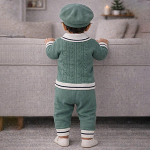 2 Pcs Green vest style Winter Knit Cardigan & Pants with Beret Cap for Infants - 0 - 3 Months Winter Wear