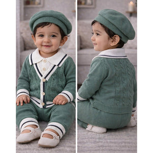 2 Pcs Green vest style Winter Knit Cardigan & Pants with Beret Cap for Infants - 0 - 3 Months Winter Wear