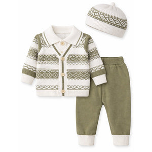 2 Pcs Green ZigZag Pattern Winter Cardigan & Pant with Matching Cap for Infants - 0 - 3 Months Winter Wear