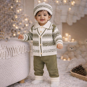 2 Pcs Green ZigZag Pattern Winter Cardigan & Pant with Matching Cap for Infants - 0 - 3 Months Winter Wear