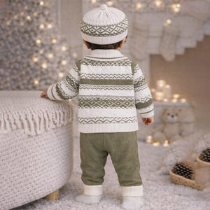 2 Pcs Green ZigZag Pattern Winter Cardigan & Pant with Matching Cap for Infants - 0 - 3 Months Winter Wear