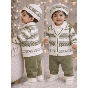 2 Pcs Green ZigZag Pattern Winter Cardigan & Pant with Matching Cap for Infants - 0 - 3 Months Winter Wear