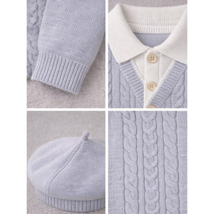 2 Pcs Grey Cable Winter Cardigan & Pants with Beret Cap for Infants - 0 - 3 Months Winter Wear