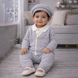 2 Pcs Grey Cable Winter Cardigan & Pants with Beret Cap for Infants - 0 - 3 Months Winter Wear