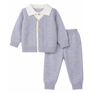 2 Pcs Grey Cable Winter Cardigan & Pants with Beret Cap for Infants - 0 - 3 Months Winter Wear