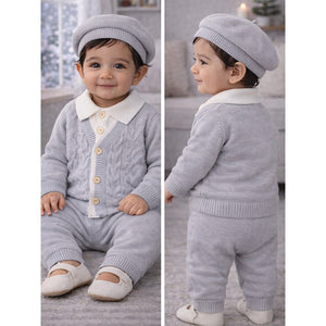 2 Pcs Grey Cable Winter Cardigan & Pants with Beret Cap for Infants - 0 - 3 Months Winter Wear