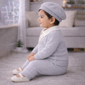 2 Pcs Grey Cable Winter Cardigan & Pants with Beret Cap for Infants - 0 - 3 Months Winter Wear