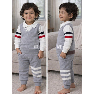 2 Pcs Grey with Red - Navy Stripes Sleeves Winter Cardigan & Pant for Infants - 0 - 3 Months Winter Wear