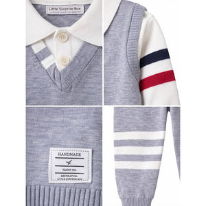 2 Pcs Grey with Red - Navy Stripes Sleeves Winter Cardigan & Pant for Infants - 0 - 3 Months Winter Wear