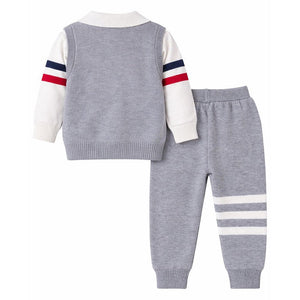 2 Pcs Grey with Red - Navy Stripes Sleeves Winter Cardigan & Pant for Infants - 0 - 3 Months Winter Wear
