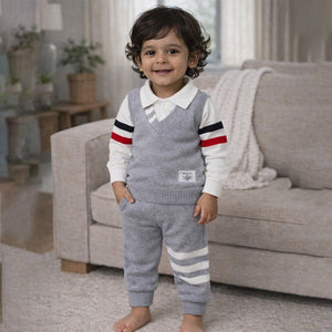 2 Pcs Grey with Red - Navy Stripes Sleeves Winter Cardigan & Pant for Infants - 0 - 3 Months Winter Wear