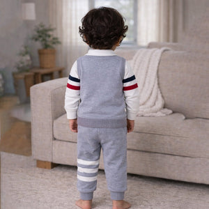 2 Pcs Grey with Red - Navy Stripes Sleeves Winter Cardigan & Pant for Infants - 0 - 3 Months Winter Wear