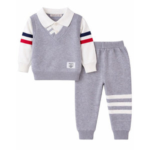 2 Pcs Grey with Red - Navy Stripes Sleeves Winter Cardigan & Pant for Infants - 0 - 3 Months Winter Wear