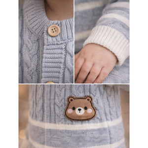 2 Pcs Grey with White Stripes Winter Knit Cardigan & Pants - 0 - 3 Months Winter Wear