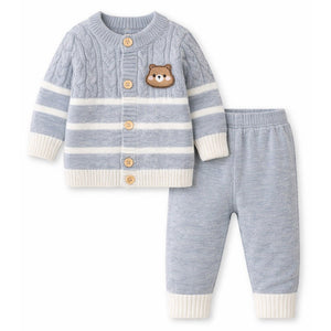 2 Pcs Grey with White Stripes Winter Knit Cardigan & Pants - 0 - 3 Months Winter Wear