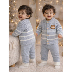 2 Pcs Grey with White Stripes Winter Knit Cardigan & Pants - 0 - 3 Months Winter Wear