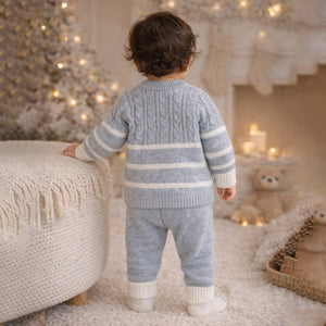 2 Pcs Grey with White Stripes Winter Knit Cardigan & Pants - 0 - 3 Months Winter Wear