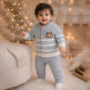 2 Pcs Grey with White Stripes Winter Knit Cardigan & Pants - 0 - 3 Months Winter Wear