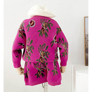 2 pcs Magenta Flower Bunch Knitted Cardigan and shorts Winter wear set - Little Surprise Box2 pcs Magenta Flower Bunch Knitted Cardigan and shorts Winter wear set