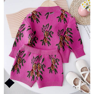 2 pcs Magenta Flower Bunch Knitted Cardigan and shorts Winter wear set - Little Surprise Box2 pcs Magenta Flower Bunch Knitted Cardigan and shorts Winter wear set