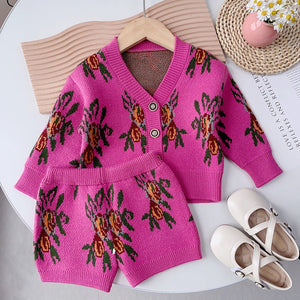 2 pcs Magenta Flower Bunch Knitted Cardigan and shorts Winter wear set - 2 - 3 Years Winter Wear