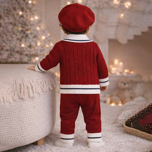 2 Pcs Maroon Navy Border Winter Knit Cardigan & Pants with Beret Cap for Infants - 0 - 3 Months Winter Wear