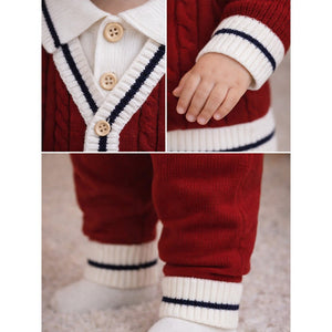 2 Pcs Maroon Navy Border Winter Knit Cardigan & Pants with Beret Cap for Infants - 0 - 3 Months Winter Wear