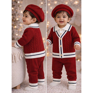 2 Pcs Maroon Navy Border Winter Knit Cardigan & Pants with Beret Cap for Infants - 0 - 3 Months Winter Wear