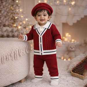 2 Pcs Maroon Navy Border Winter Knit Cardigan & Pants with Beret Cap for Infants - 0 - 3 Months Winter Wear