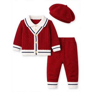 2 Pcs Maroon Navy Border Winter Knit Cardigan & Pants with Beret Cap for Infants - 0 - 3 Months Winter Wear