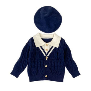 2 Pcs Navy Cream Collared Winter Knit Cardigan & Pants with Beret Cap for Infants - 0 - 3 Months Winter Wear
