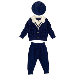 2 Pcs Navy Cream Collared Winter Knit Cardigan & Pants with Beret Cap for Infants - 0 - 3 Months Winter Wear
