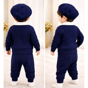 2 Pcs Navy Cream Collared Winter Knit Cardigan & Pants with Beret Cap for Infants - 0 - 3 Months Winter Wear