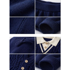 2 Pcs Navy Cream Collared Winter Knit Cardigan & Pants with Beret Cap for Infants - 0 - 3 Months Winter Wear