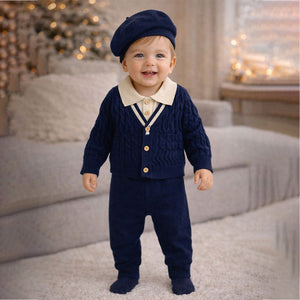 2 Pcs Navy Cream Collared Winter Knit Cardigan & Pants with Beret Cap for Infants - 0 - 3 Months Winter Wear