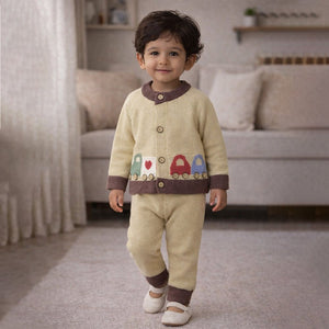 2 Pcs Olive & Brown Train Patch Winter Cardigan & Pants set for Infants - 0 - 3 Months Winter Wear
