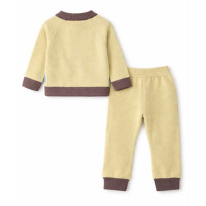 2 Pcs Olive & Brown Train Patch Winter Cardigan & Pants set for Infants - 0 - 3 Months Winter Wear